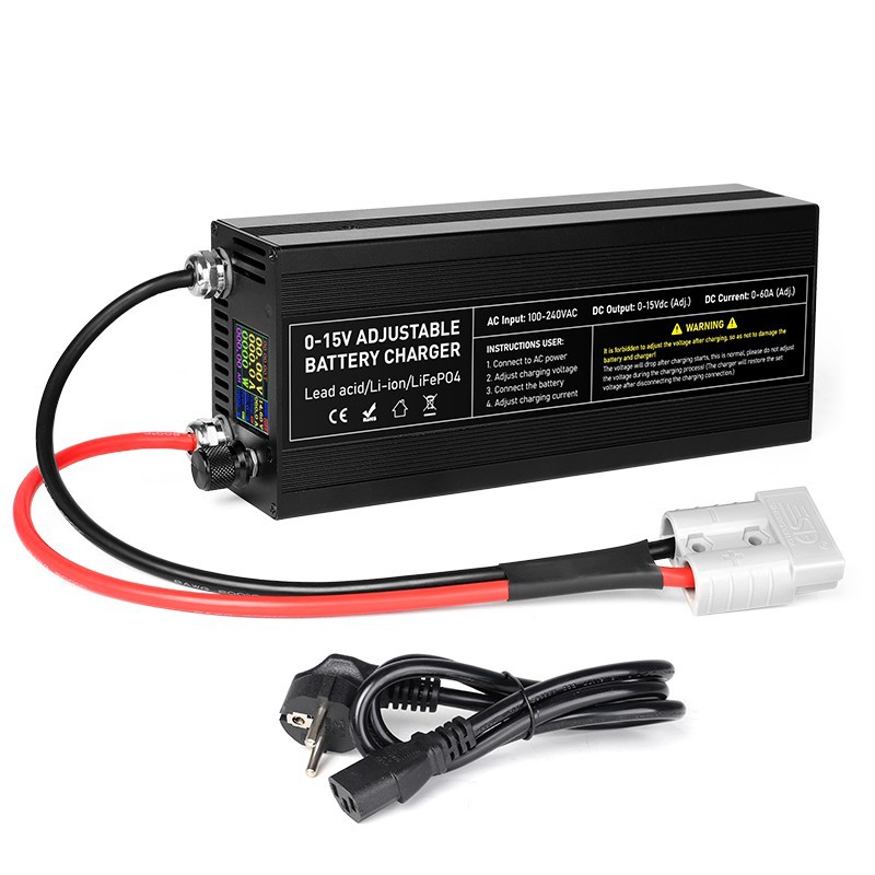 Adjustable DC power supply with 0-15V voltage, 0-100A current, featuring multiple plug options including alligator clips, Anderson plugs, and Canon head.
