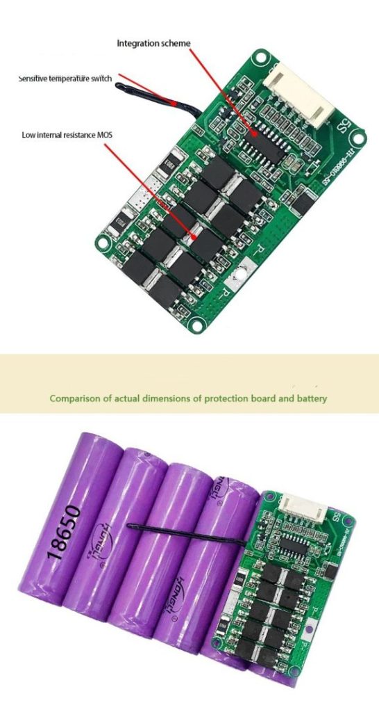 5S 21V BMS component layout including MOSFETs, IC, resistors, and connectors