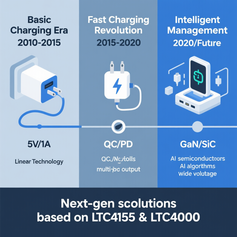 Smart Charger Technology Evolution Roadmap showing three development stages: Basic Charging Era (2010-2015) with 5V/1A standard, Fast Charging Revolution (2015-2020) with QC/PD protocols, and Intelligent Management Era (2020-Future) featuring GaN/SiC semiconductors and AI algorithms, illustrating Phonix's LTC4155 and LTC4000 next-generation solutions.